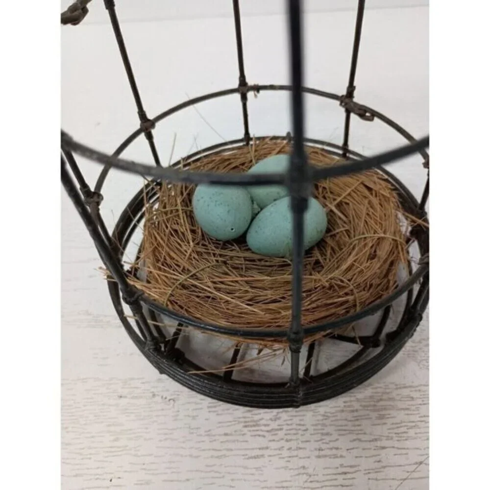 Vintage Metal Wire Cage With Bird Nest & Eggs Farmhouse Rustic Hanging Decor